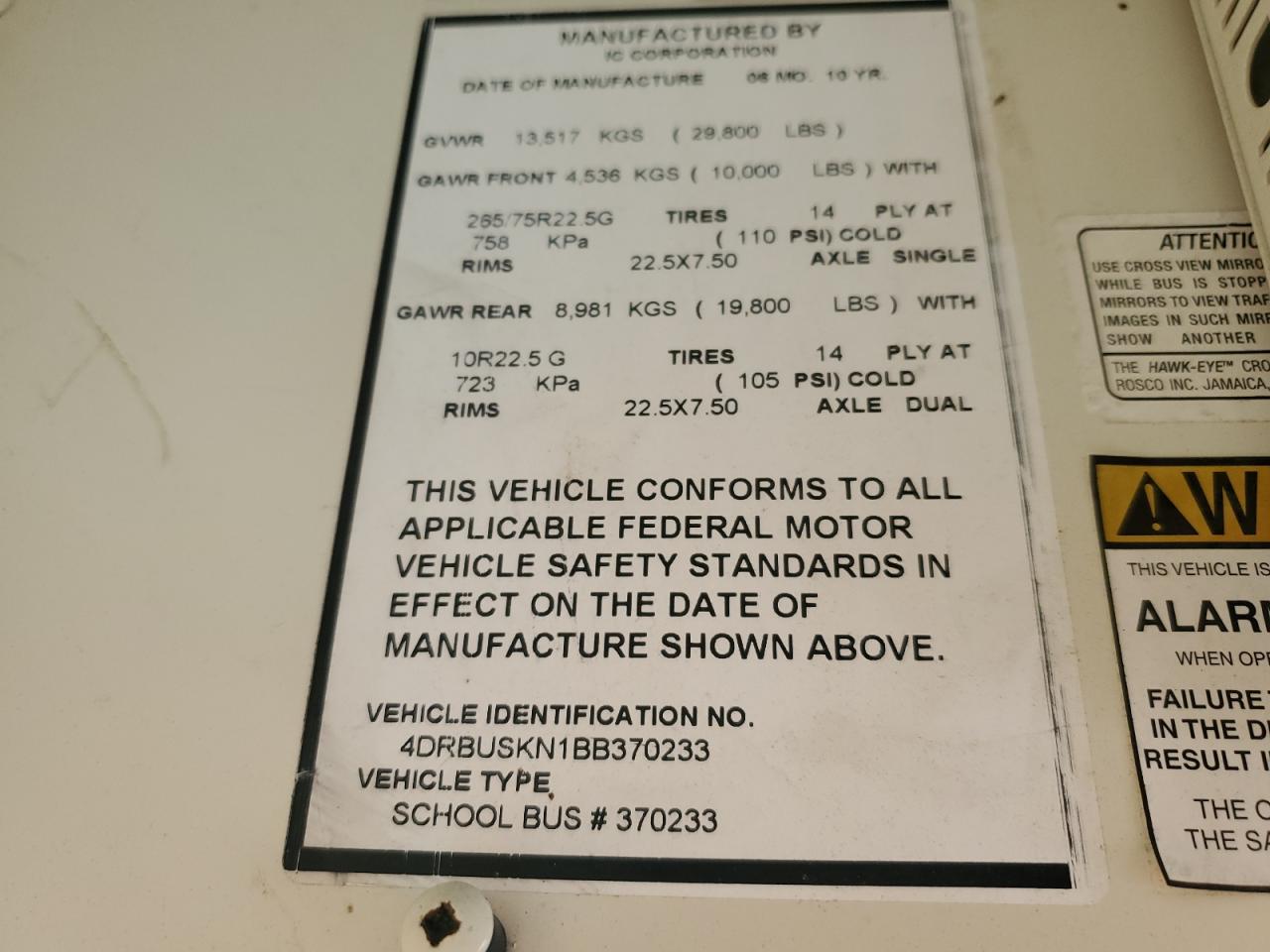 2011 Ic Corporation Ce Series School - School Bus VIN: 4DRBUSKN1BB370233 Lot: 83849885