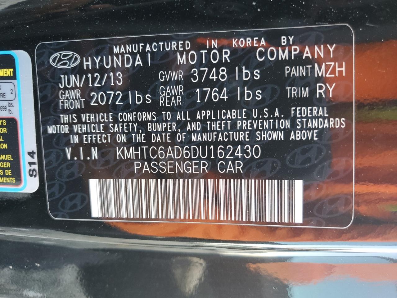 2013 Hyundai Veloster VIN: KMHTC6AD6DU162430 Lot: 81911685