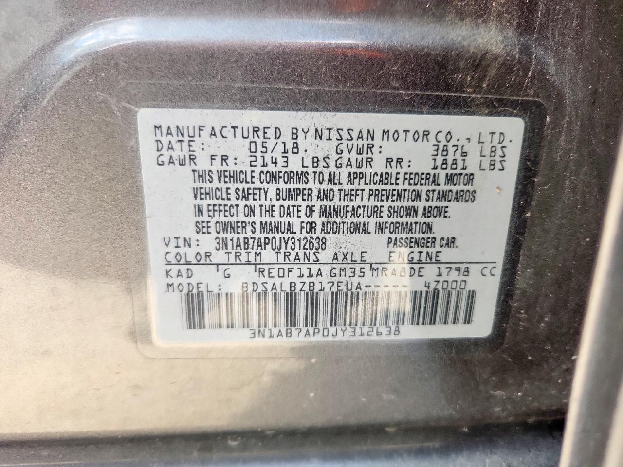 2018 Nissan Sentra S VIN: 3N1AB7AP0JY312638 Lot: 82146855