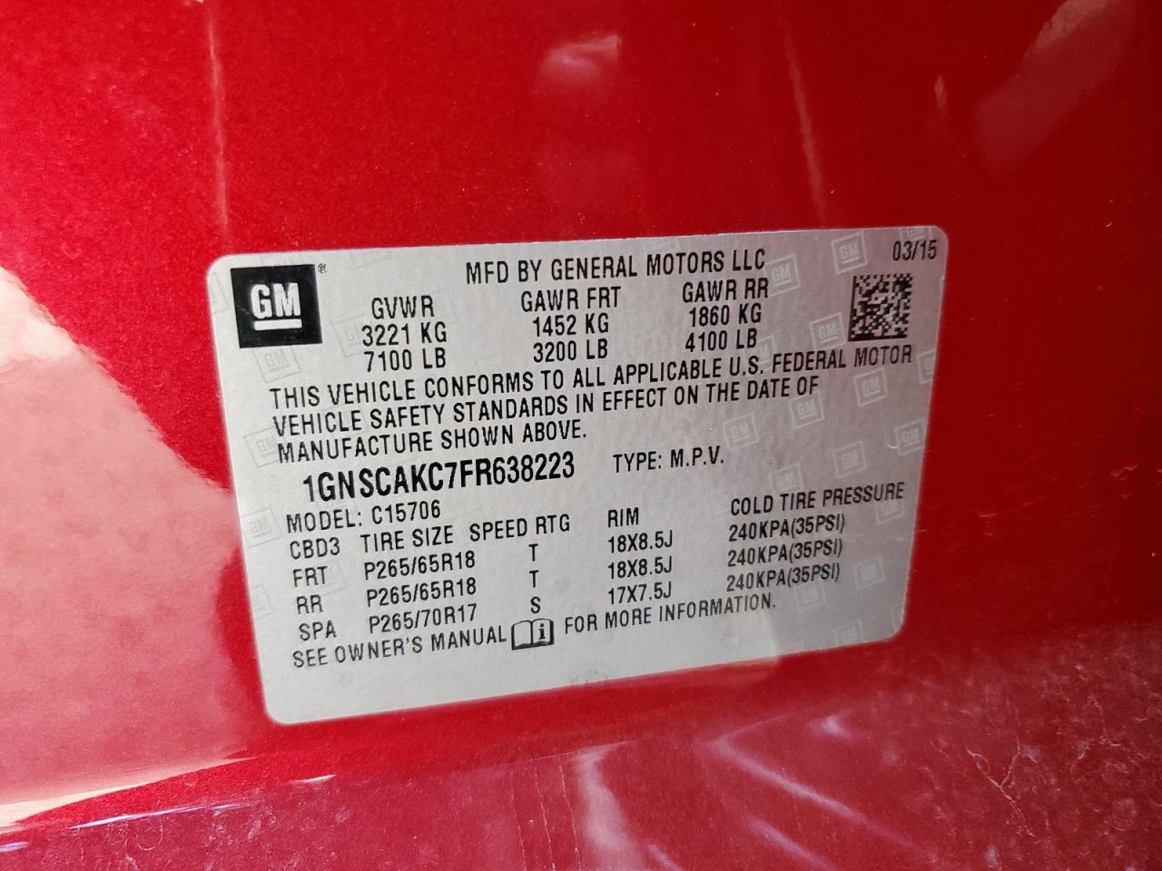 2015 Chevrolet Tahoe C1500 Ls VIN: 1GNSCAKC7FR638223 Lot: 83967245