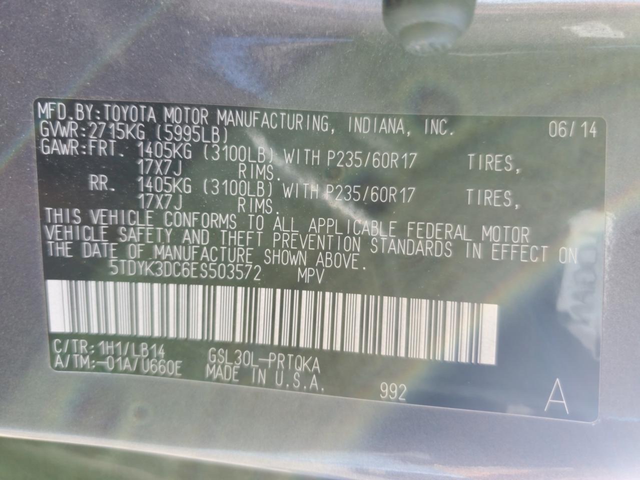 2014 Toyota Sienna Xle VIN: 5TDYK3DC6ES503572 Lot: 84438375