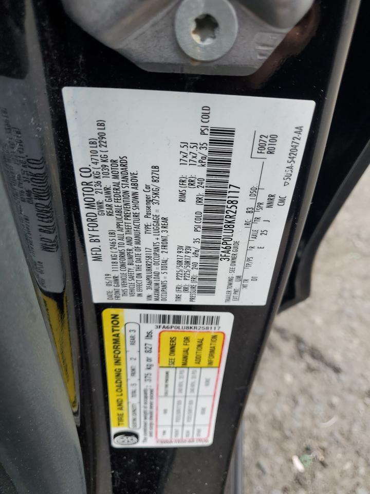 2019 Ford Fusion Se VIN: 3FA6P0LU8KR258117 Lot: 84016385