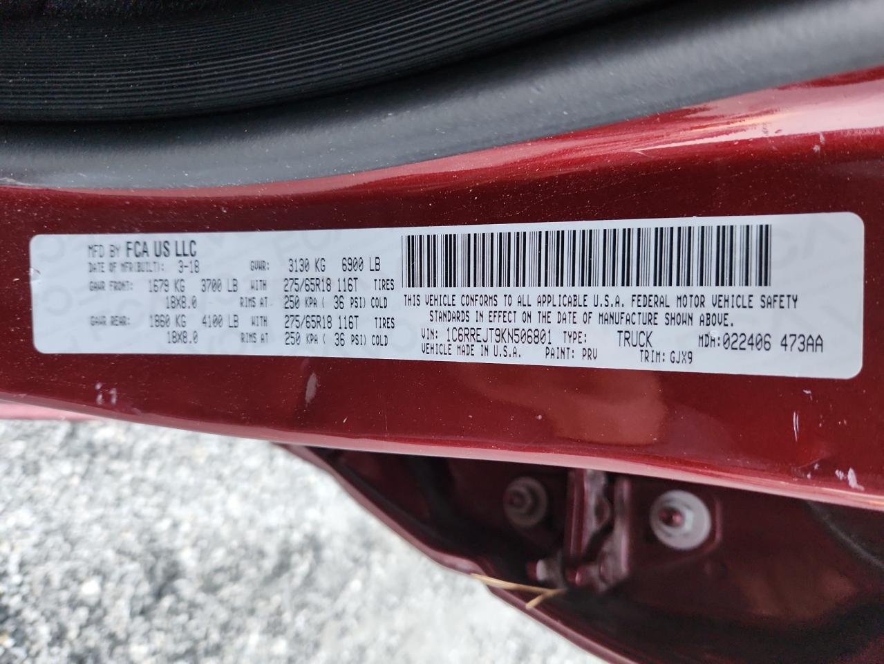 2019 Ram 1500 Laramie VIN: 1C6RREJT9KN506801 Lot: 83981805