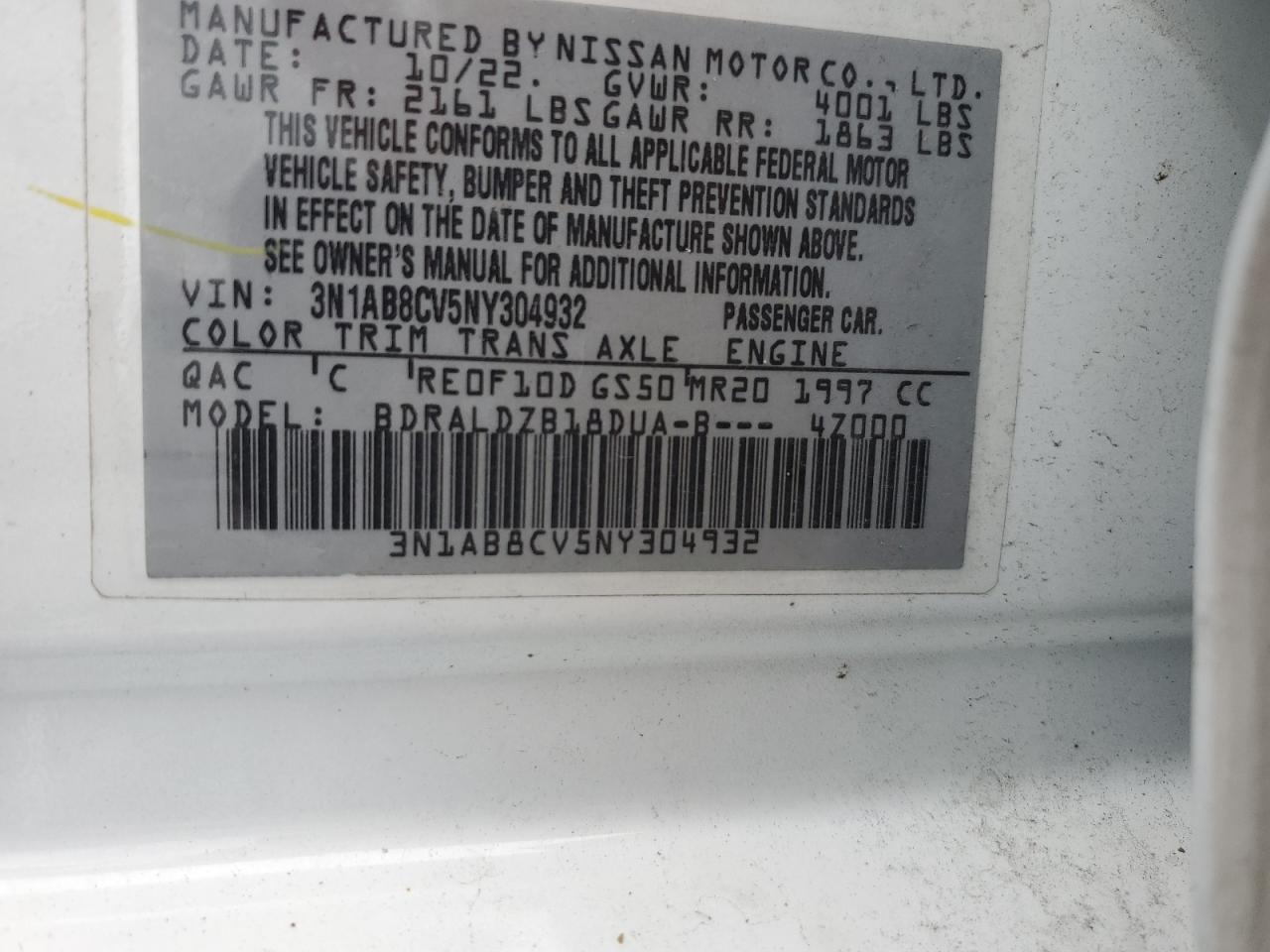 2022 Nissan Sentra Sv VIN: 3N1AB8CV5NY304932 Lot: 80907885