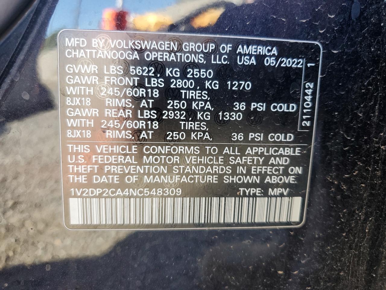 2022 Volkswagen Atlas Se VIN: 1V2DP2CA4NC548309 Lot: 81525425