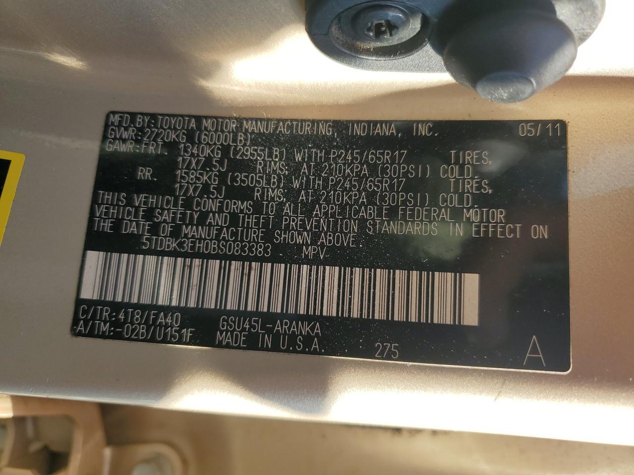 2011 Toyota Highlander Base VIN: 5TDBK3EH0BS083383 Lot: 81420085