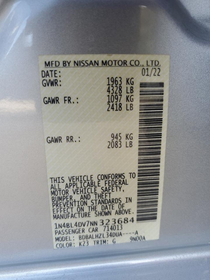 2022 Nissan Altima Sv VIN: 1N4BL4DV7NN323684 Lot: 81677025