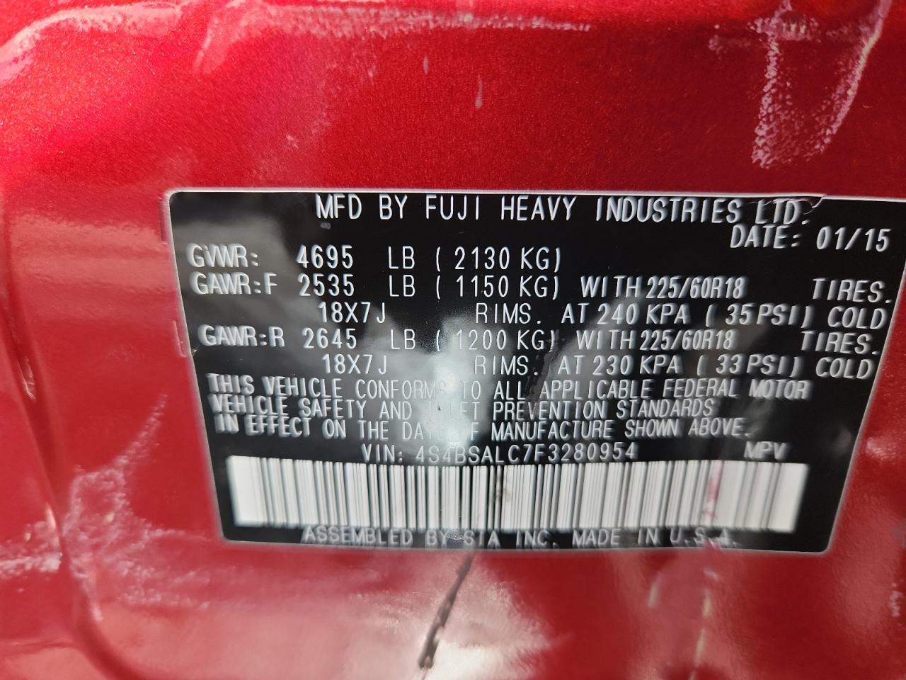 2015 Subaru Outback 2.5I Limited VIN: 4S4BSALC7F3280954 Lot: 83957315