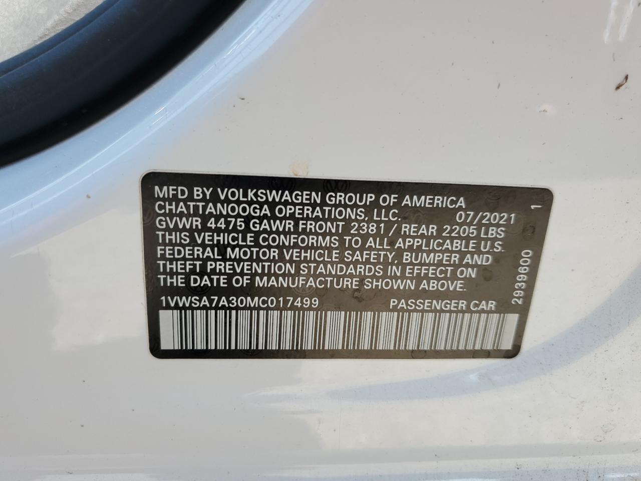 2021 Volkswagen Passat Se VIN: 1VWSA7A30MC017499 Lot: 80737215