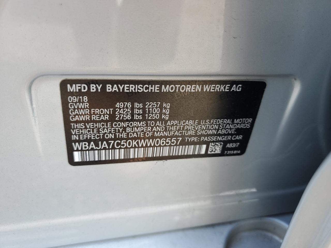 2019 BMW 530 Xi VIN: WBAJA7C50KWW06557 Lot: 81634425