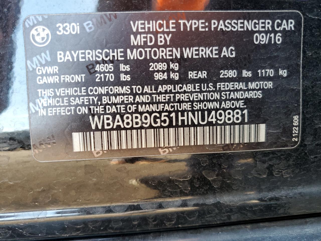 2017 BMW 330 I VIN: WBA8B9G51HNU49881 Lot: 81258225