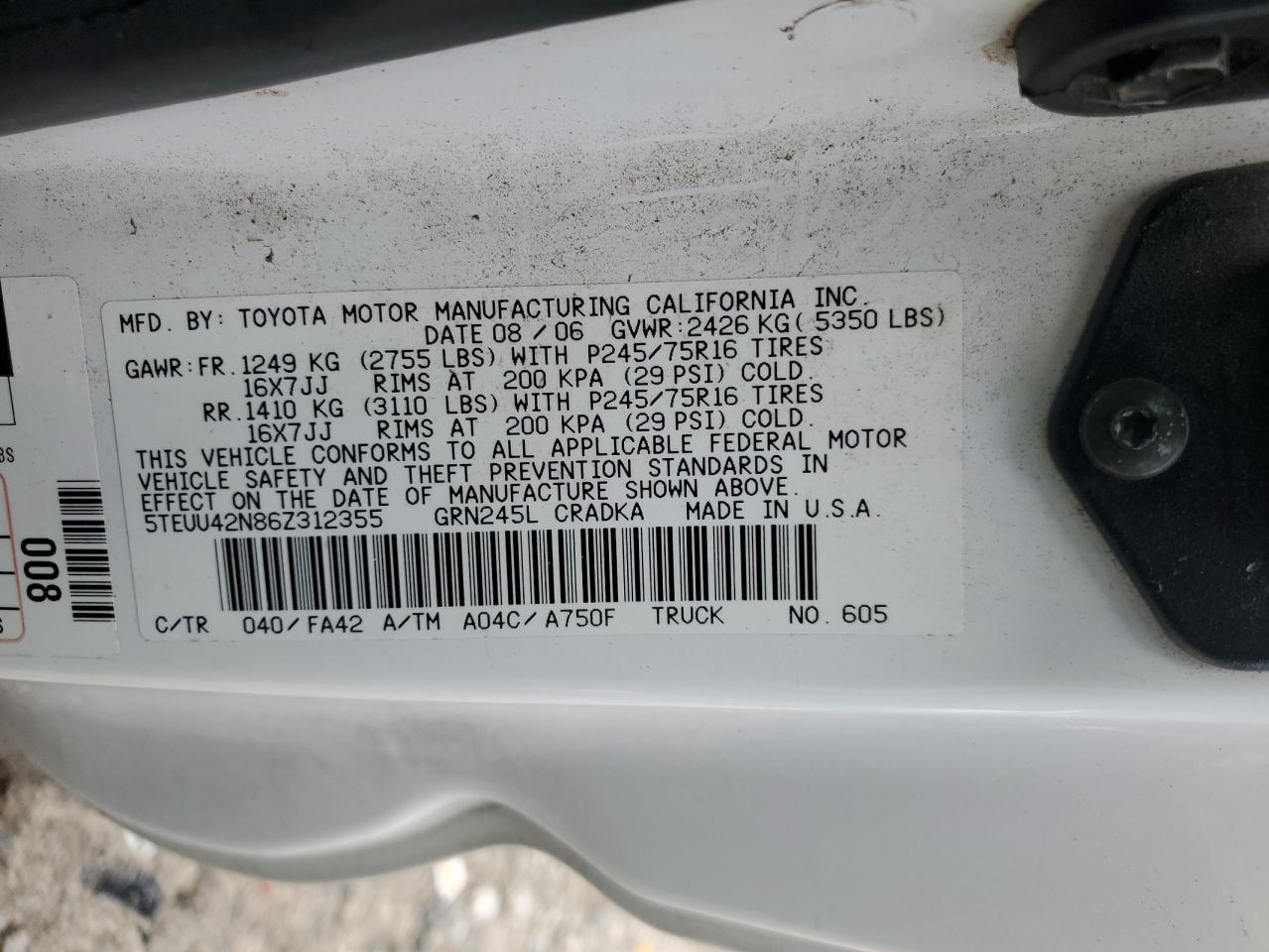2006 Toyota Tacoma Access Cab VIN: 5TEUU42N86Z312355 Lot: 82072225