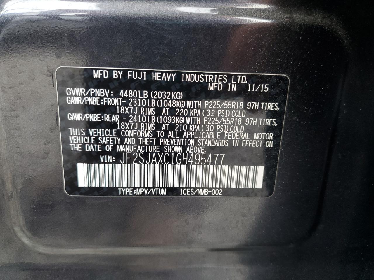 2016 Subaru Forester 2.5I Touring VIN: JF2SJAXC1GH495477 Lot: 82141475