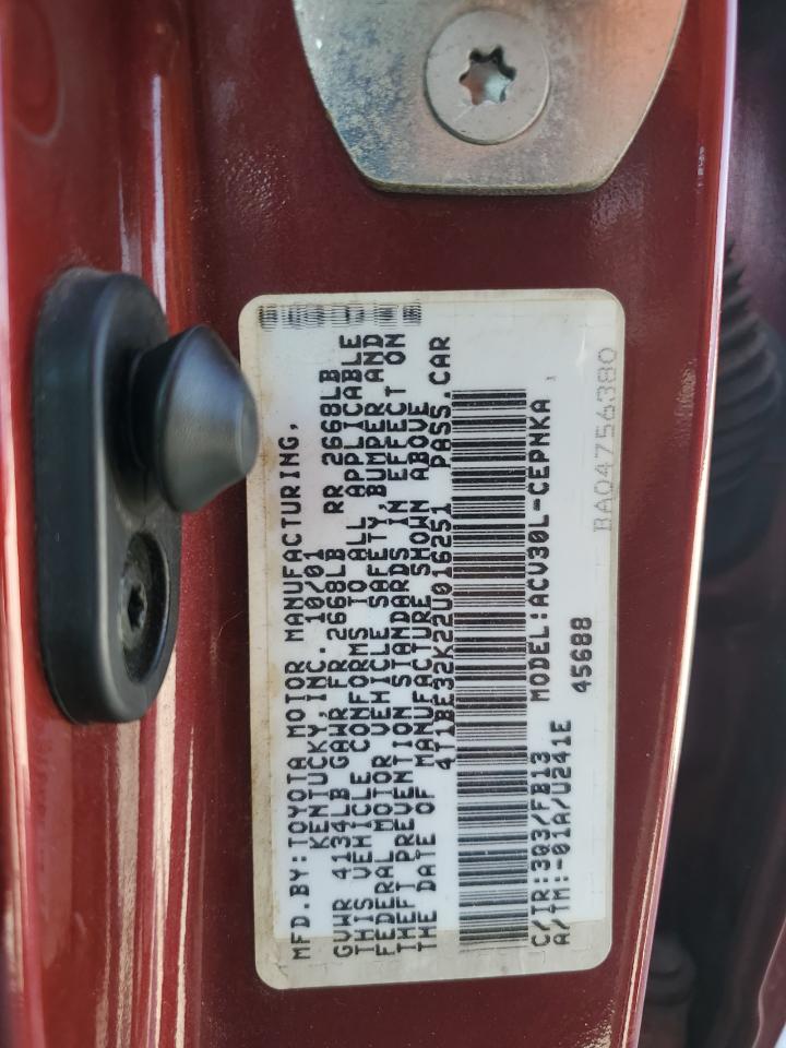 2002 Toyota Camry Le VIN: 4T1BE32K22U016251 Lot: 84827955