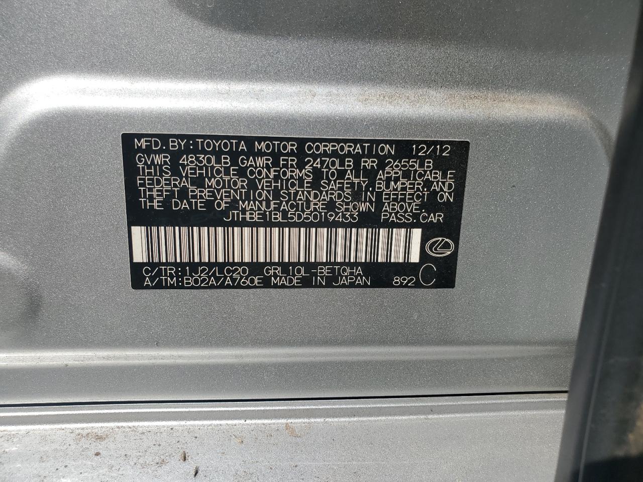 2013 Lexus Gs 350 VIN: JTHBE1BL5D5019433 Lot: 80525885