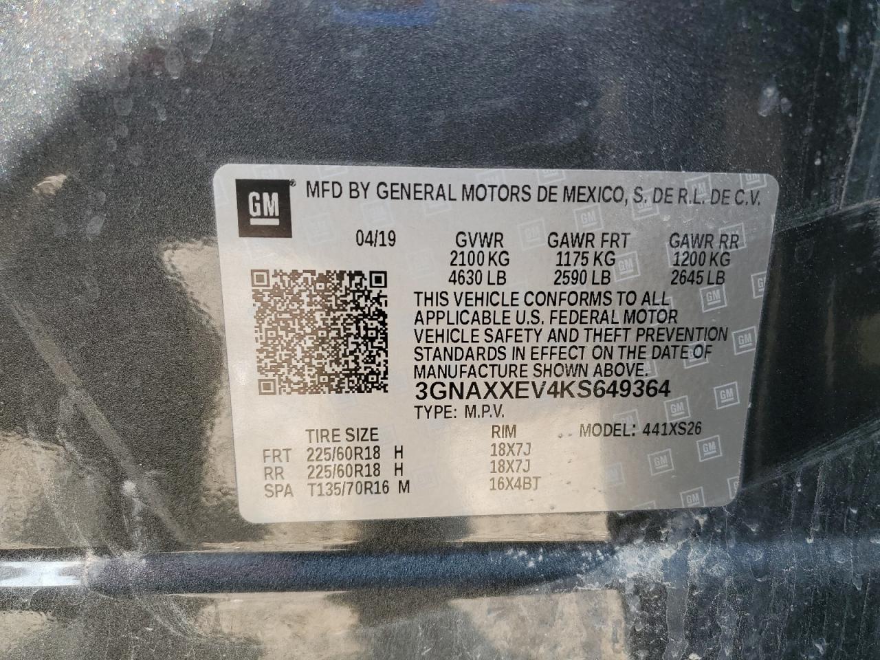 2019 Chevrolet Equinox Premier VIN: 3GNAXXEV4KS649364 Lot: 80106345