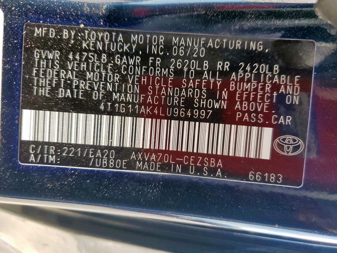 2020 Toyota Camry Se VIN: 4T1G11AK4LU964997 Lot: 82161655