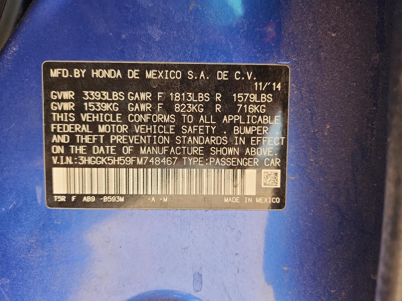 2015 Honda Fit Lx VIN: 3HGGK5H59FM748467 Lot: 84007715