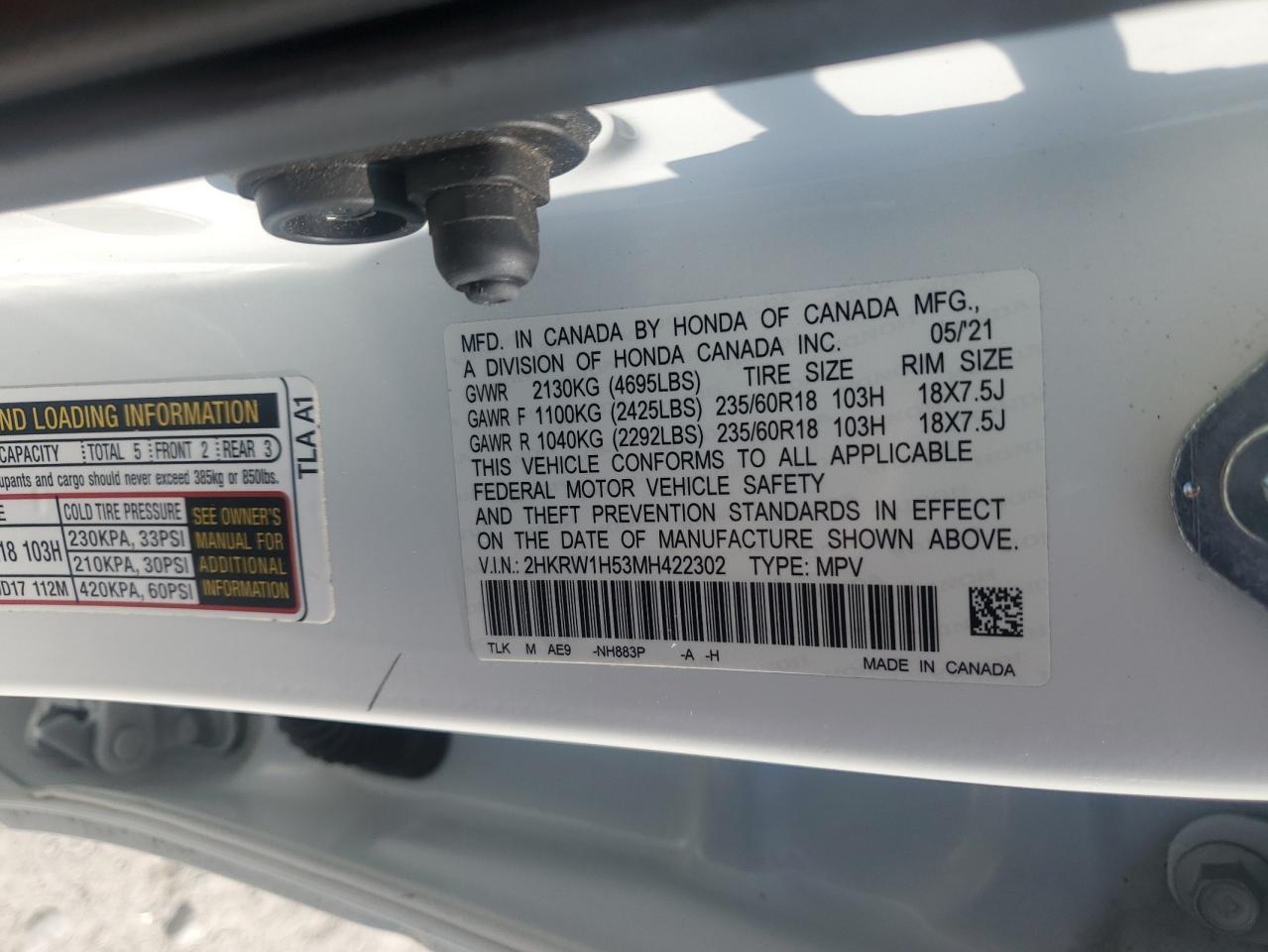 2021 Honda Cr-V Ex VIN: 2HKRW1H53MH422302 Lot: 81199265