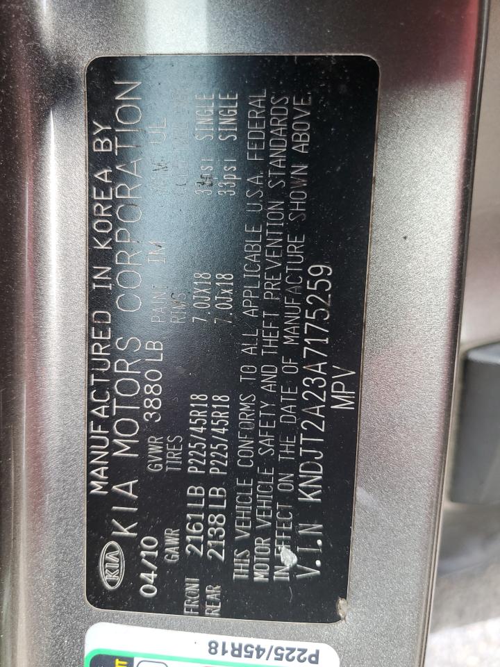 2010 Kia Soul + VIN: KNDJT2A23A7175259 Lot: 82103325