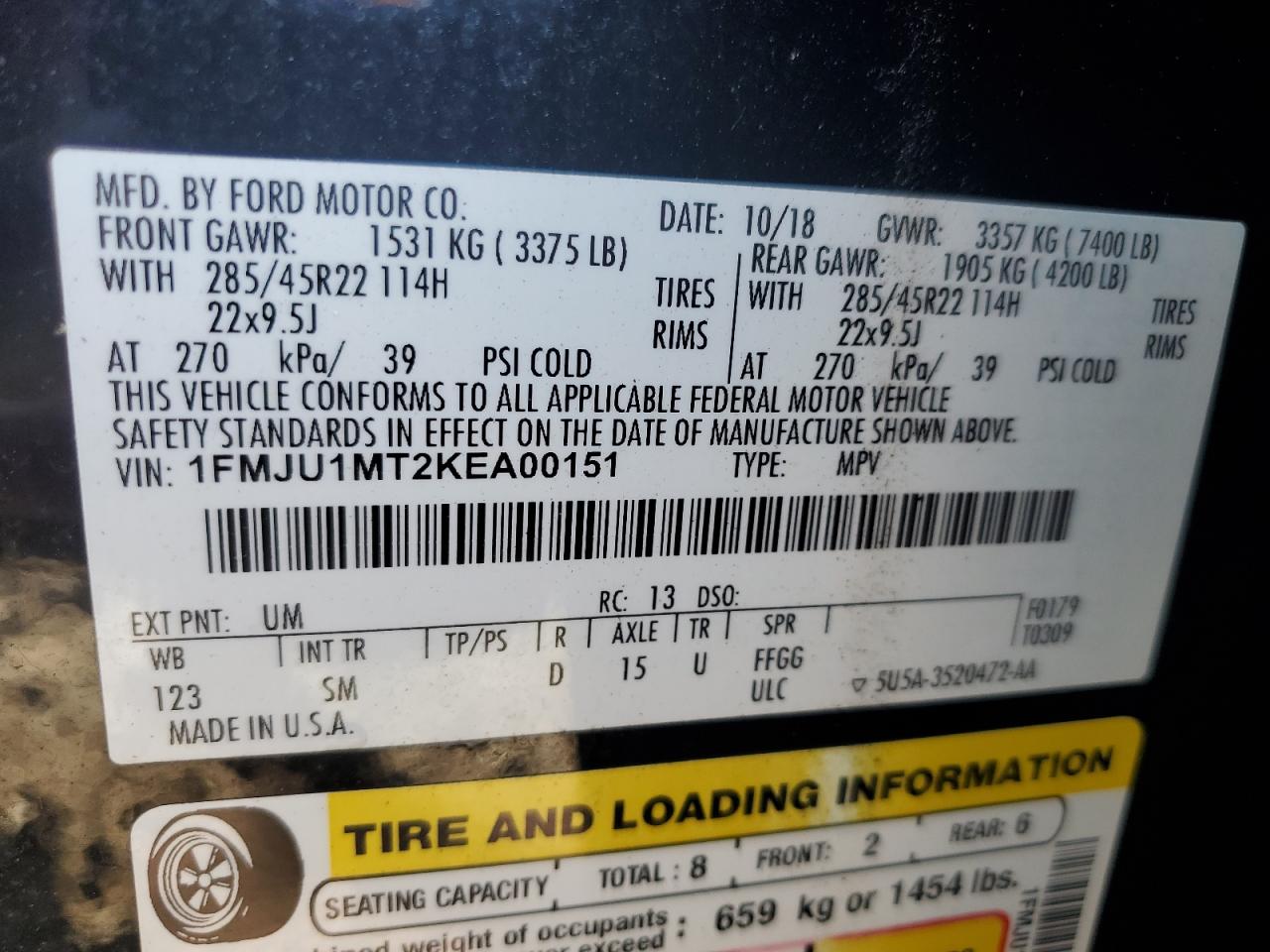 2019 Ford Expedition Platinum VIN: 1FMJU1MT2KEA00151 Lot: 80009635