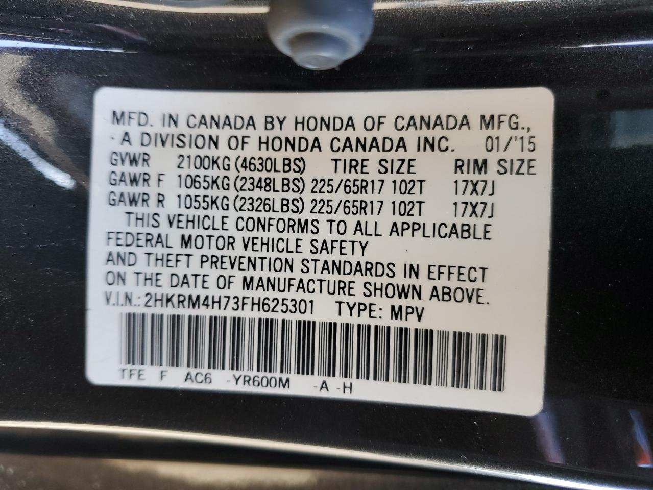 2015 Honda Cr-V Exl VIN: 2HKRM4H73FH625301 Lot: 83750375