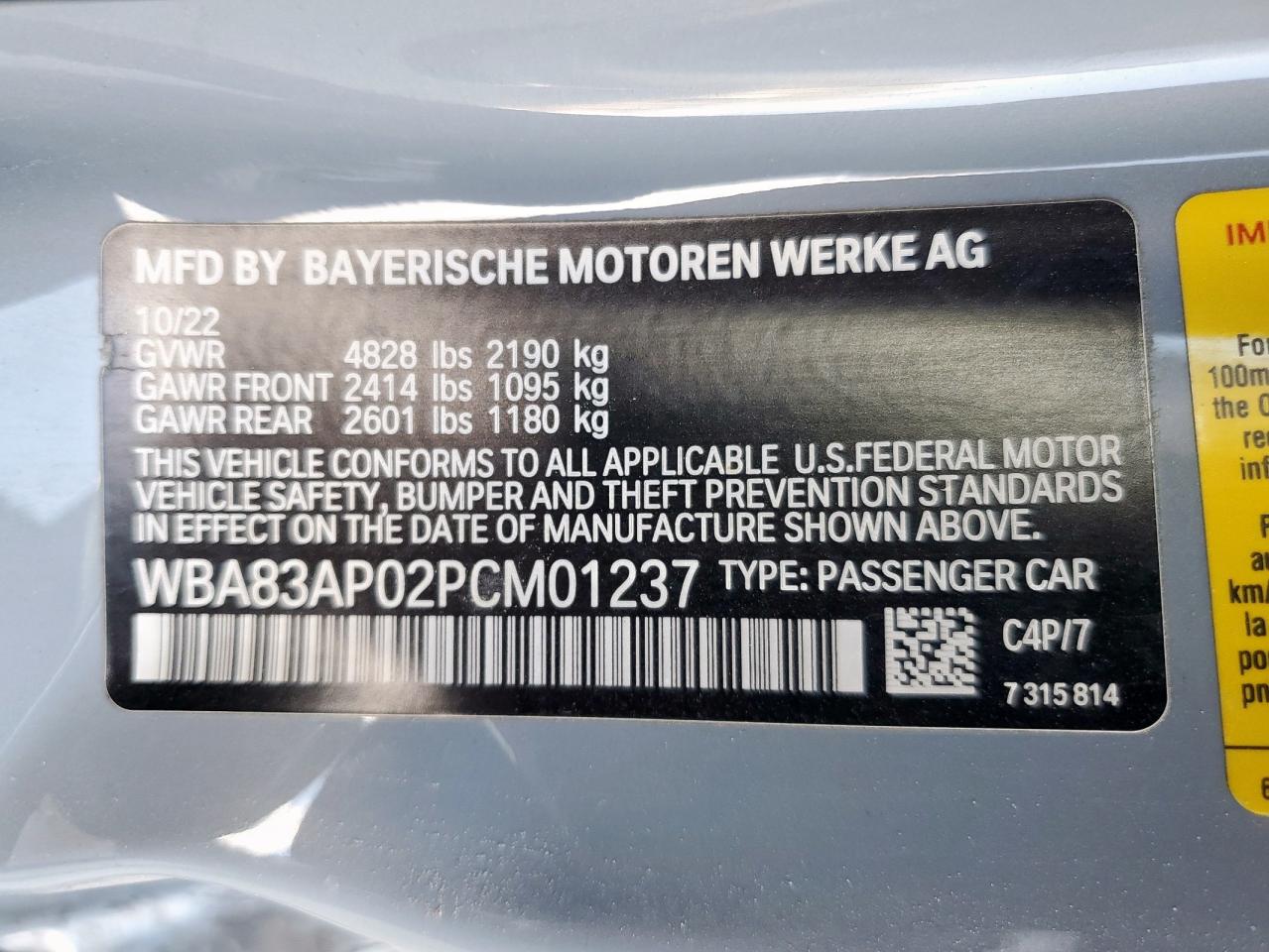 2023 BMW M440I VIN: WBA83AP02PCM01237 Lot: 80036065