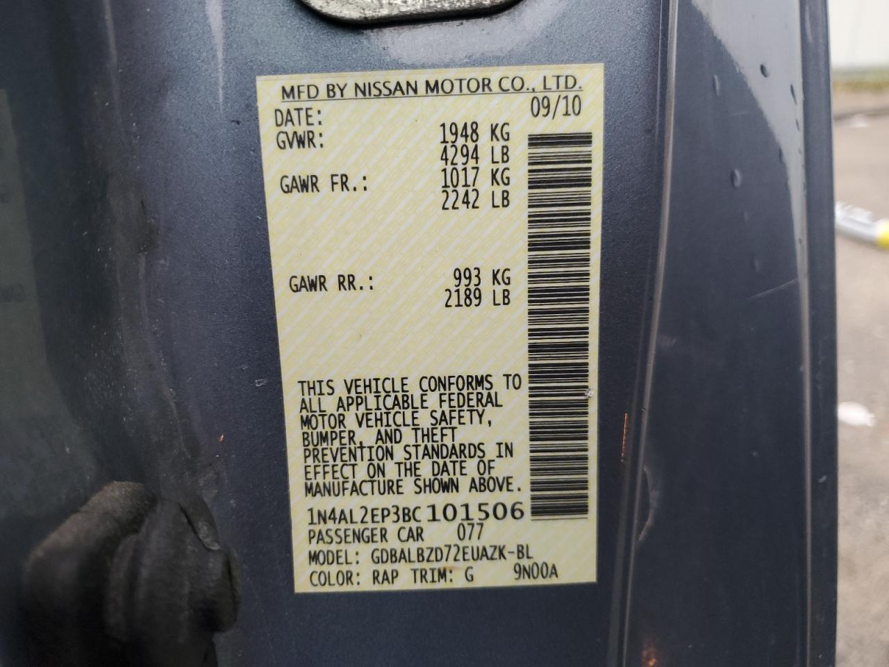 2011 Nissan Altima S VIN: 1N4AL2EP3BC101506 Lot: 81688205