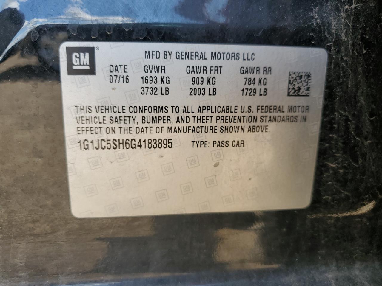 2016 Chevrolet Sonic Lt VIN: 1G1JC5SH6G4183895 Lot: 82075535
