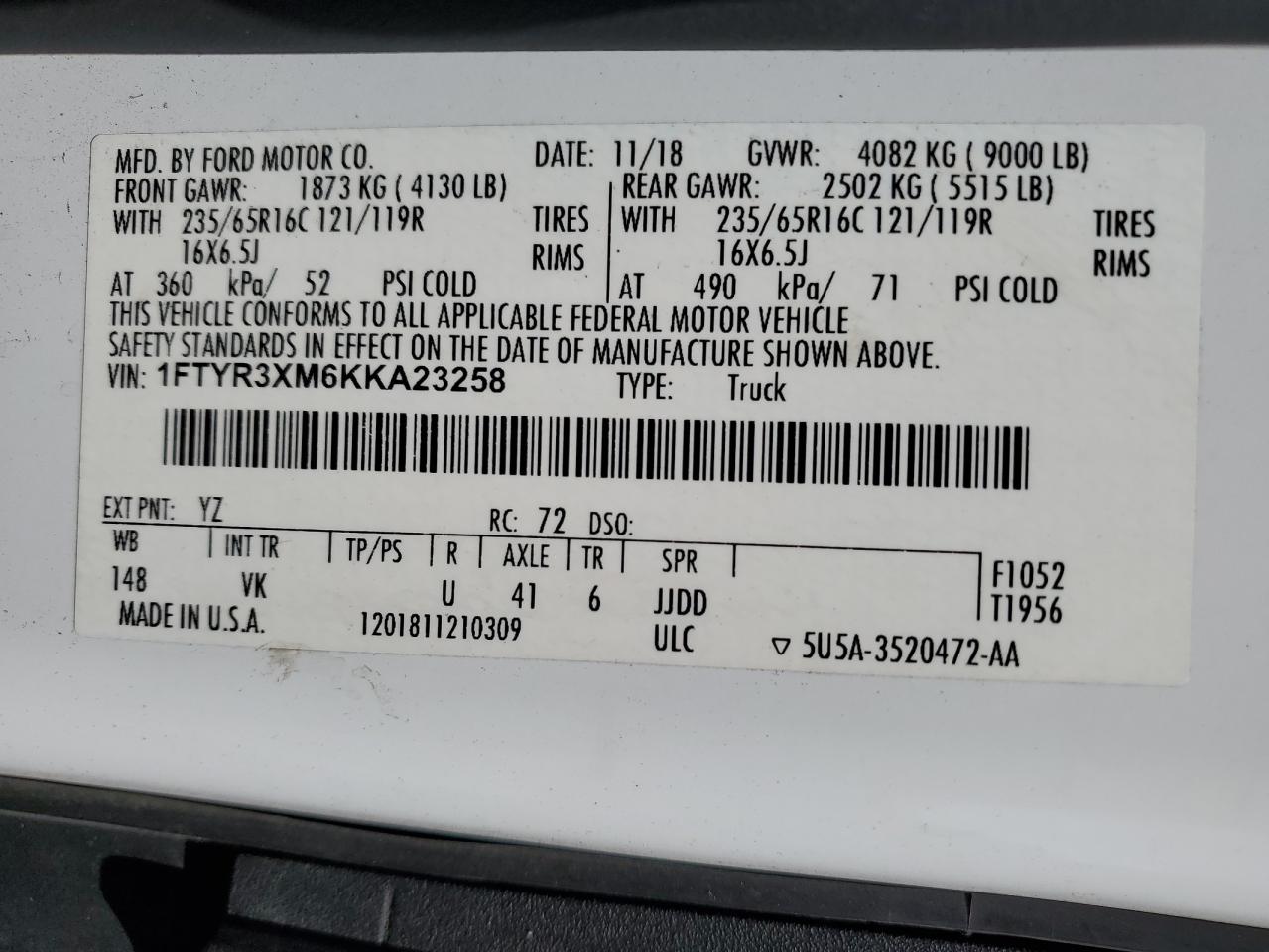 2019 Ford Transit T-250 VIN: 1FTYR3XM6KKA23258 Lot: 71464195