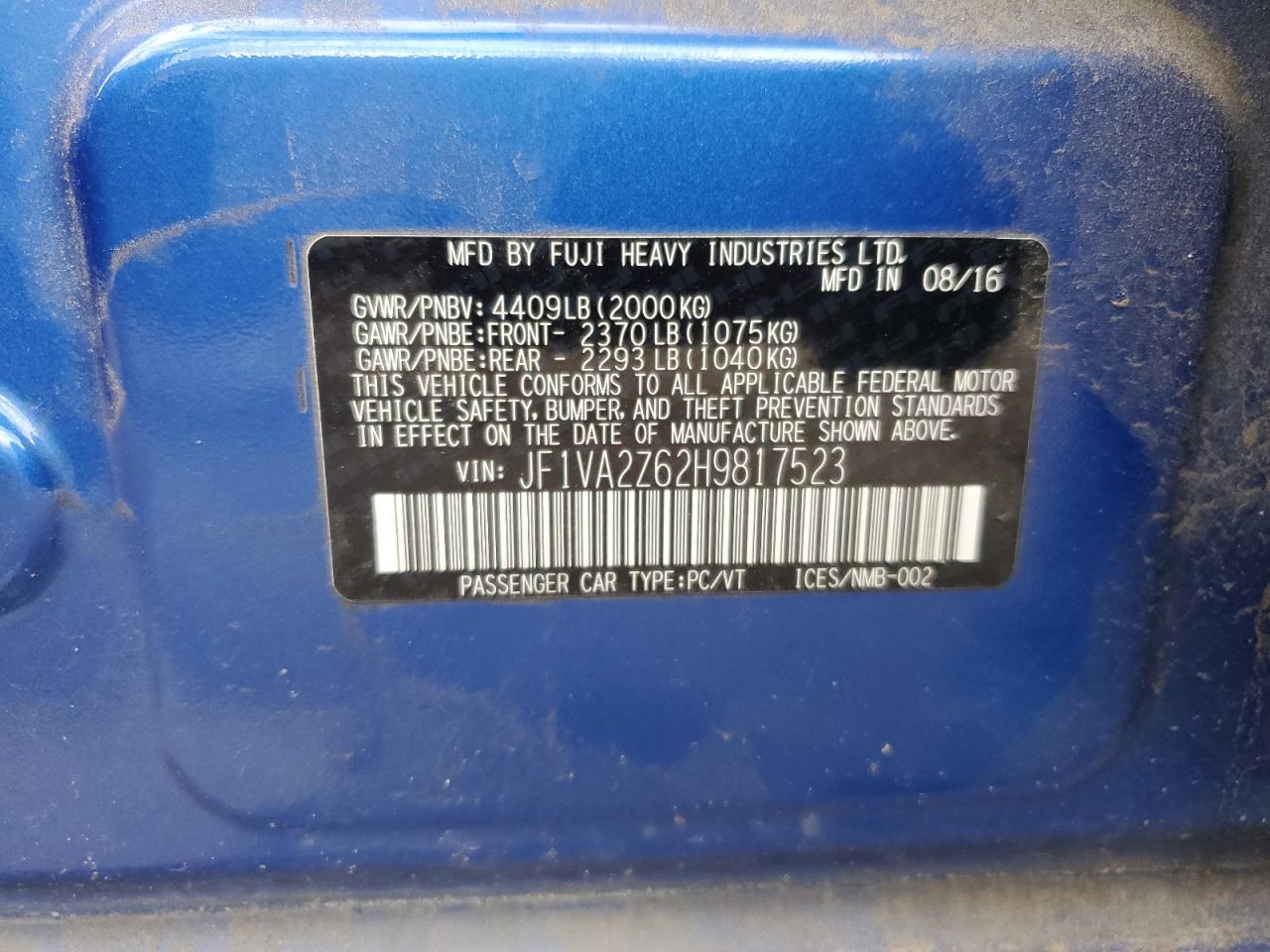 2017 Subaru Wrx Sti Limited VIN: JF1VA2Z62H9817523 Lot: 84581175