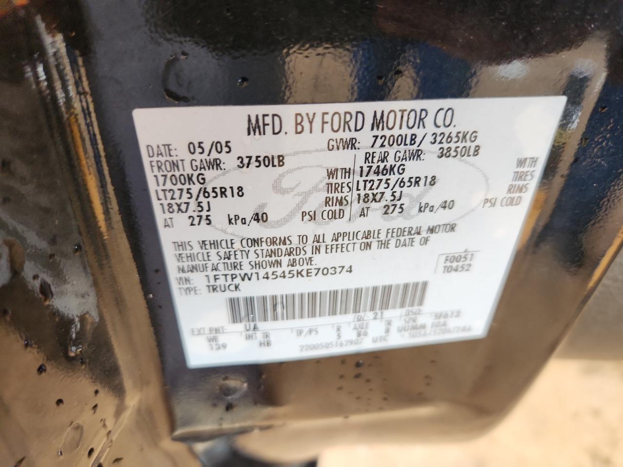 2005 Ford F150 Supercrew VIN: 1FTPW14545KE70374 Lot: 84560885