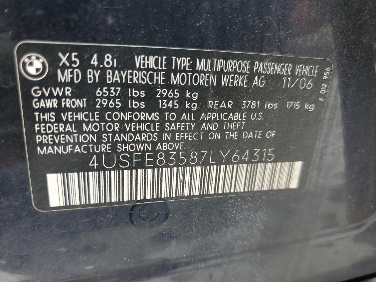 2007 BMW X5 4.8I VIN: 4USFE83587LY64315 Lot: 80030245