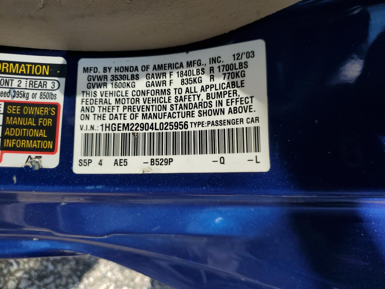 2004 Honda Civic Ex VIN: 1HGEM22904L025956 Lot: 81906205
