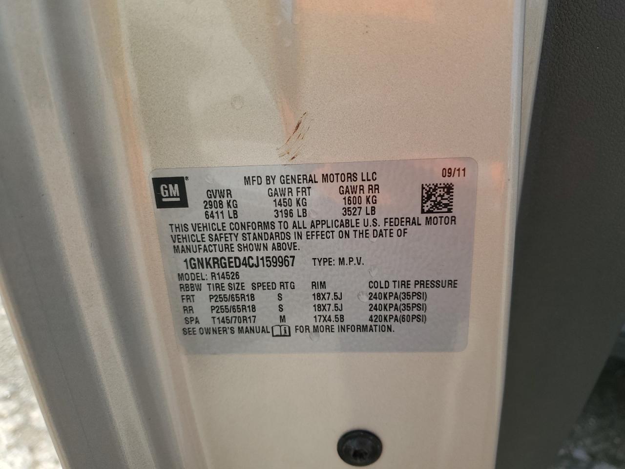 2012 Chevrolet Traverse Lt VIN: 1GNKRGED4CJ159967 Lot: 71795055