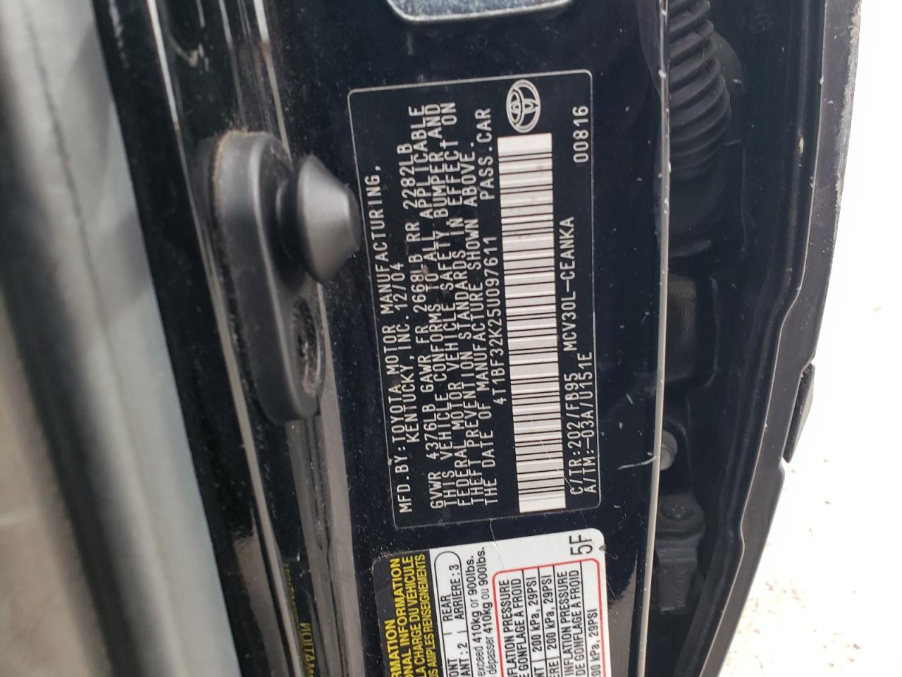 2005 Toyota Camry Le VIN: 4T1BF32K25U097611 Lot: 84171595