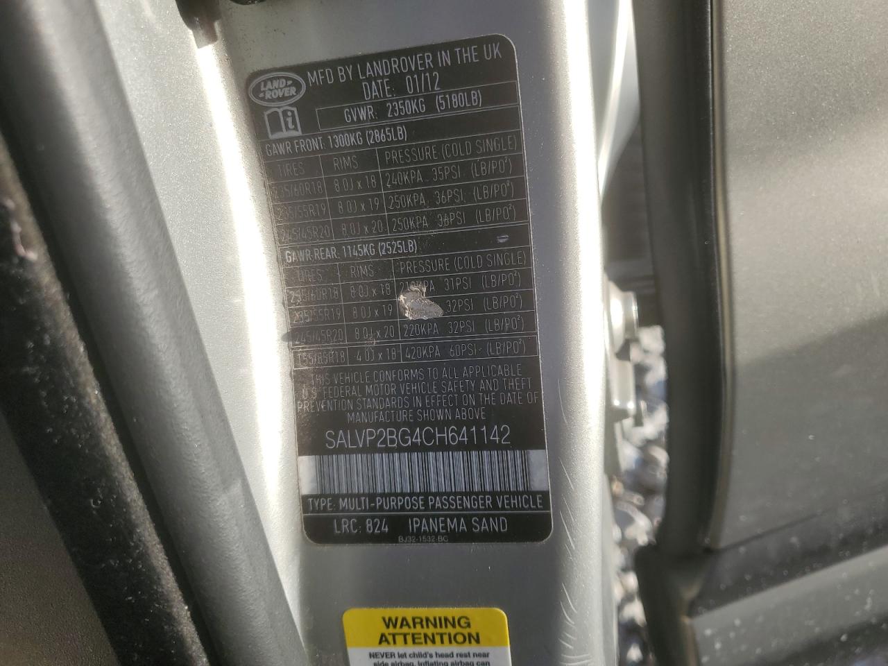 2012 Land Rover Range Rover Evoque Pure Plus VIN: SALVP2BG4CH641142 Lot: 71105055