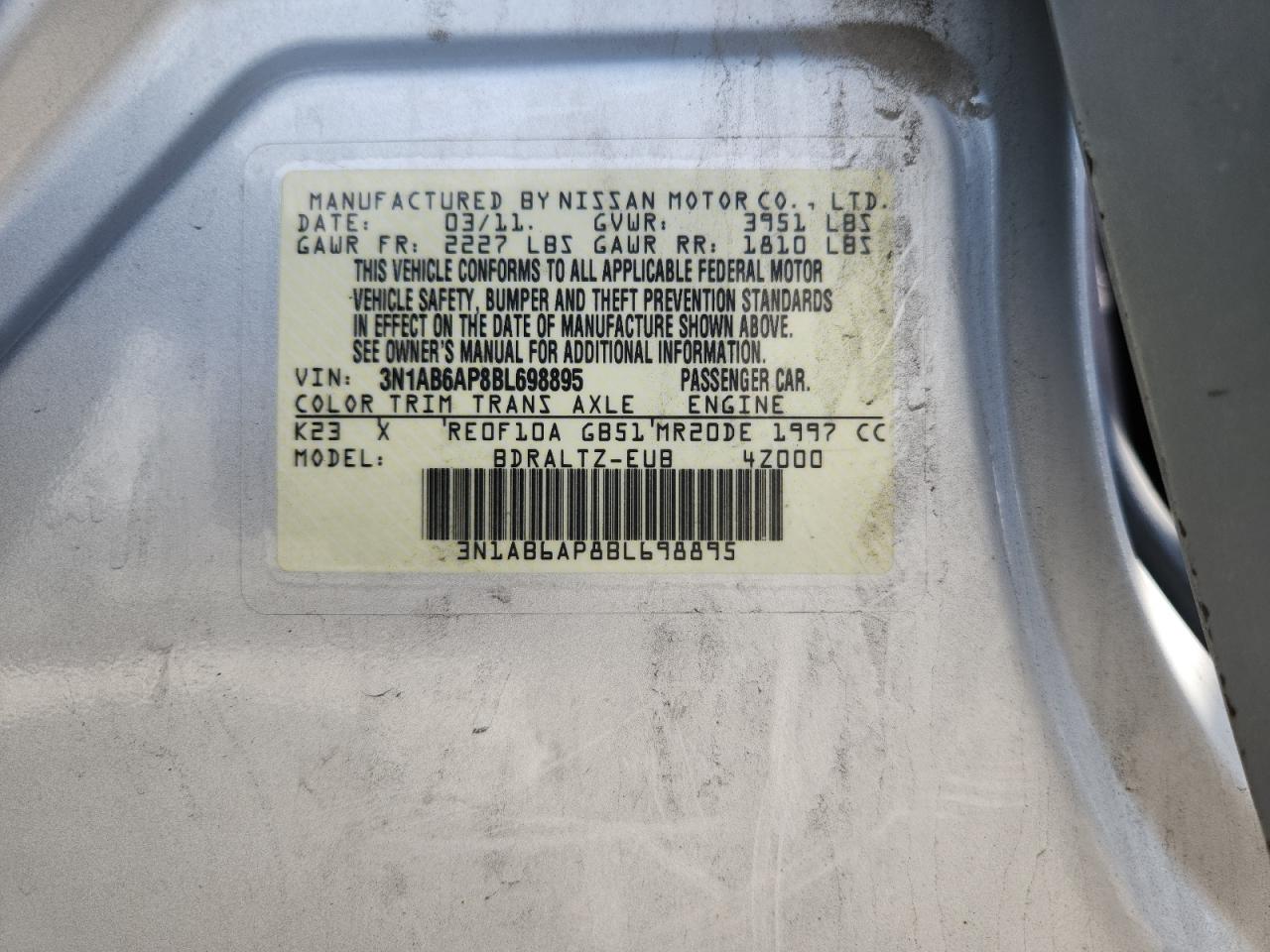 2011 Nissan Sentra 2.0 VIN: 3N1AB6AP8BL698895 Lot: 71034915