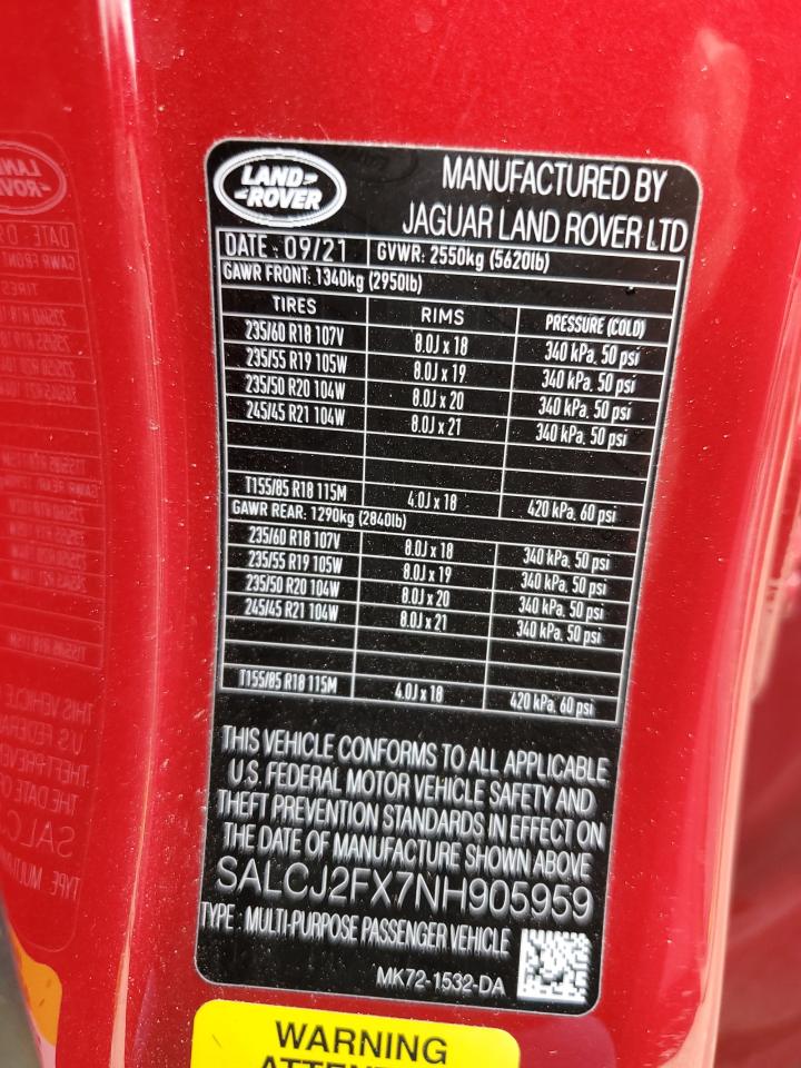 2022 Land Rover Discovery Sport S VIN: SALCJ2FX7NH905959 Lot: 81103385