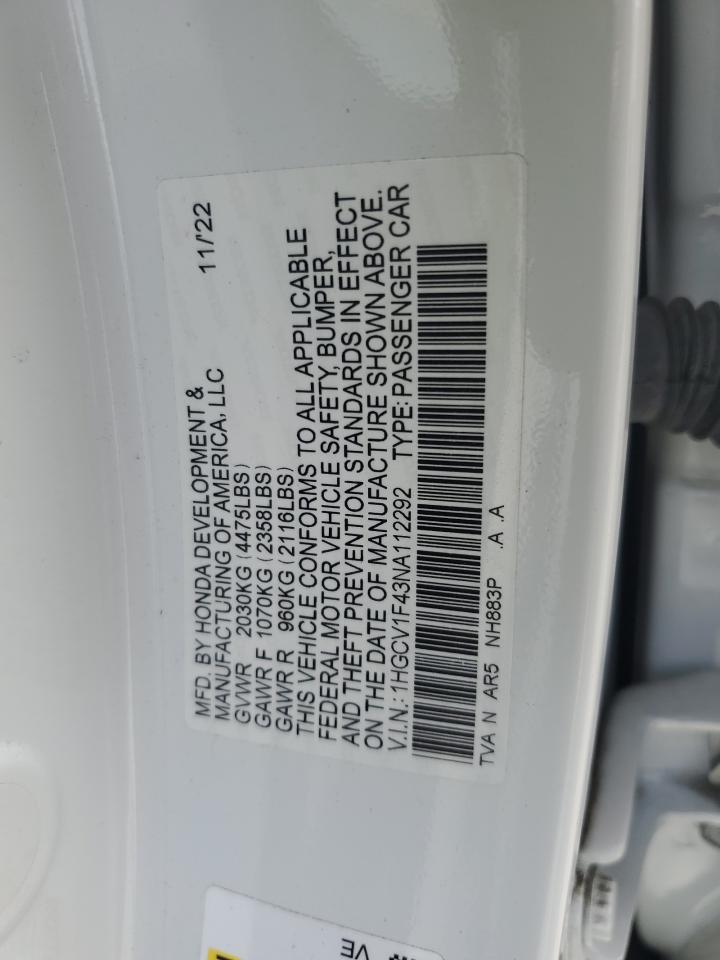 2022 Honda Accord Sport Se VIN: 1HGCV1F43NA112292 Lot: 72041405