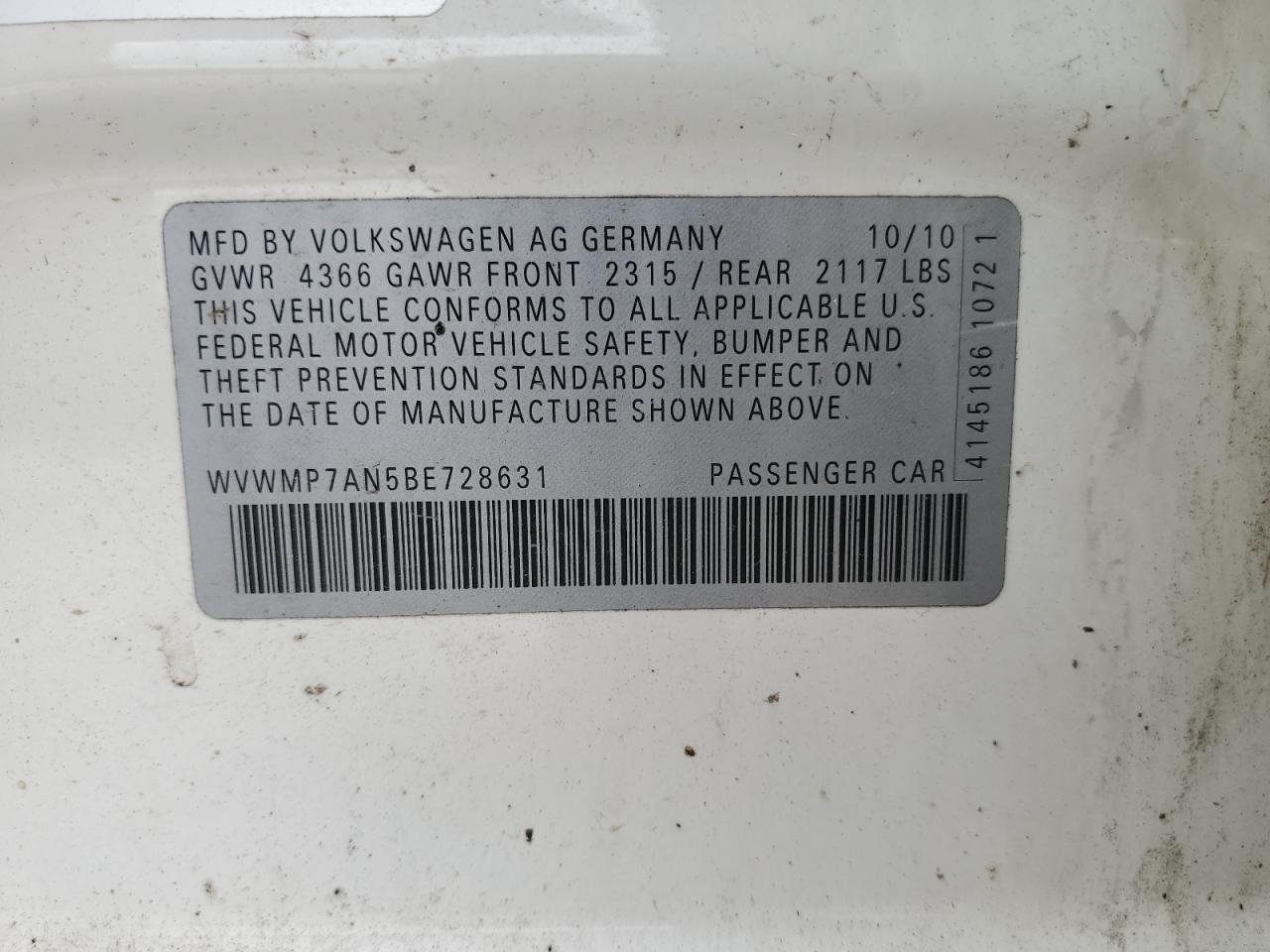 2011 Volkswagen Cc Sport VIN: WVWMP7AN5BE728631 Lot: 82147375