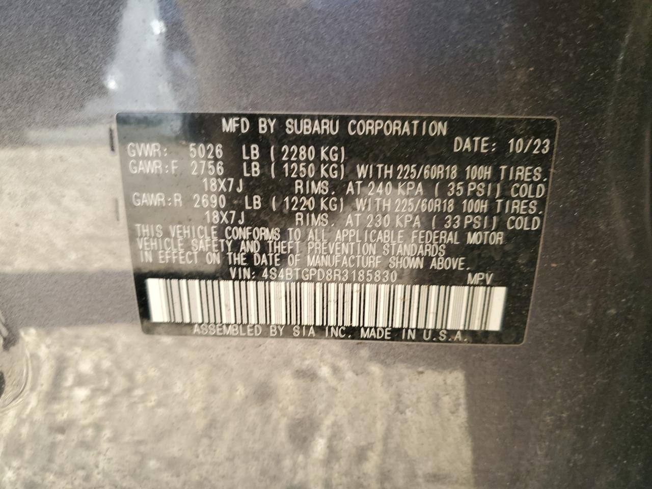 2024 Subaru Outback Touring VIN: 4S4BTGPD8R3185830 Lot: 81666345