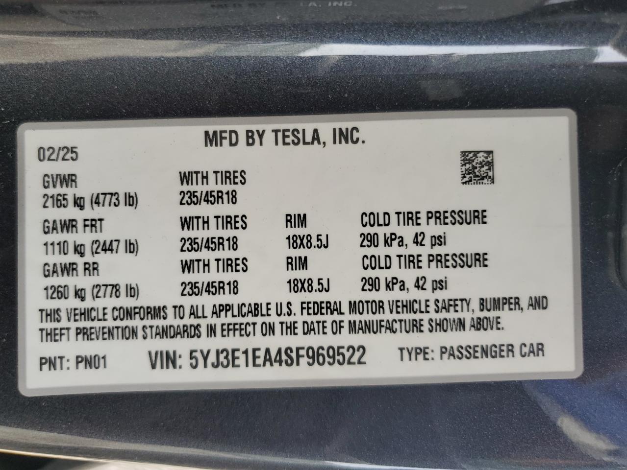 2025 Tesla Model 3 VIN: 5YJ3E1EA4SF969522 Lot: 84695665