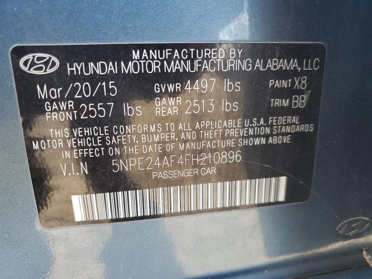 2015 Hyundai Sonata Se VIN: 5NPE24AF4FH210896 Lot: 71441175