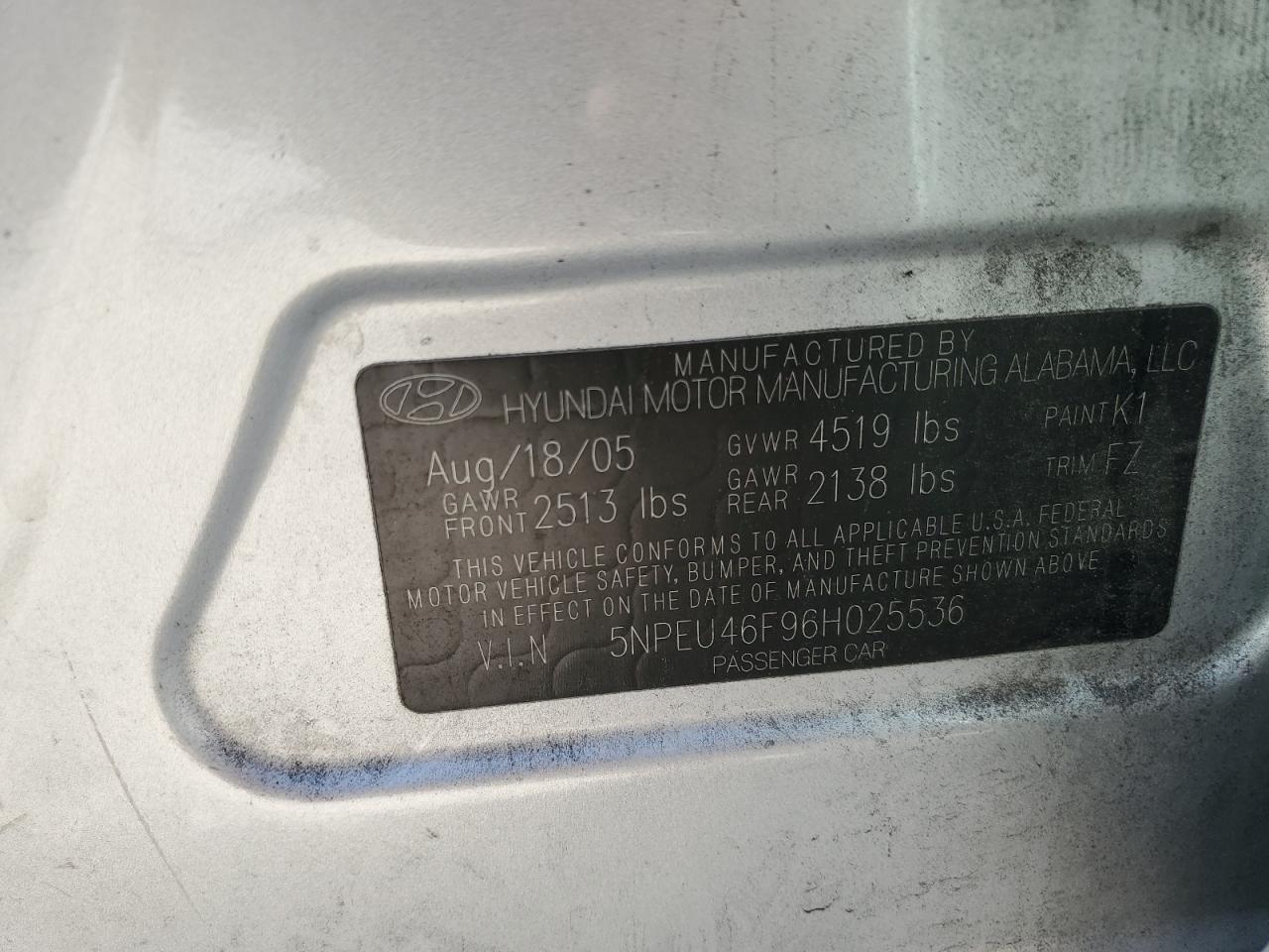 2006 Hyundai Sonata Gls VIN: 5NPEU46F96H025536 Lot: 81761745