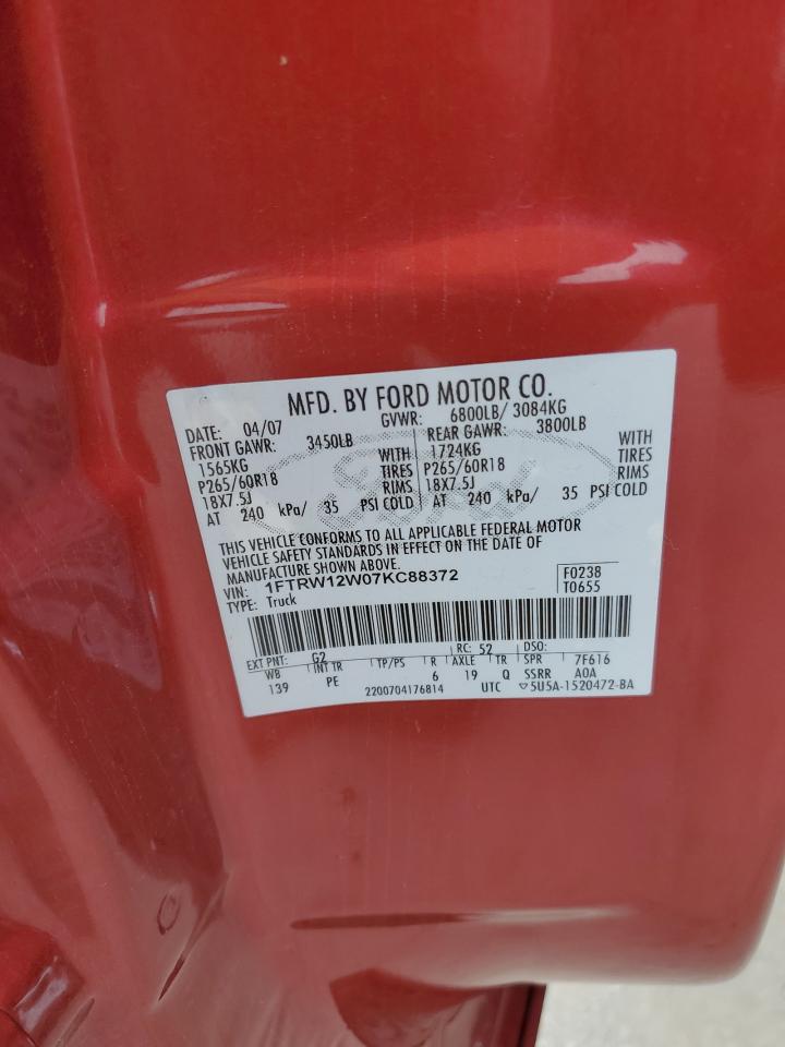 2007 Ford F150 Supercrew VIN: 1FTRW12W07KC88372 Lot: 72092705