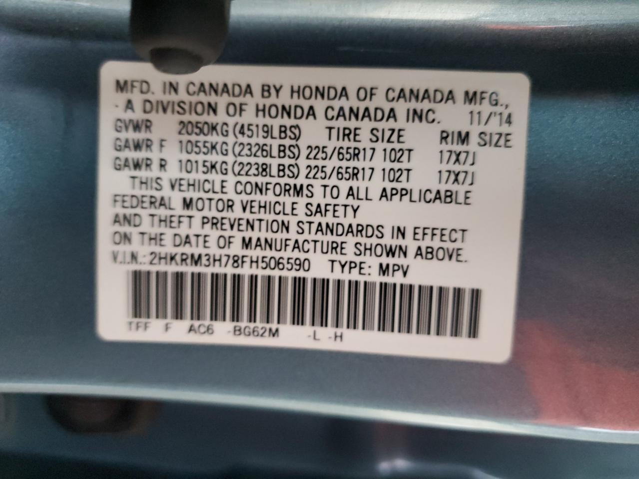 2015 Honda Cr-V Exl VIN: 2HKRM3H78FH506590 Lot: 81898215