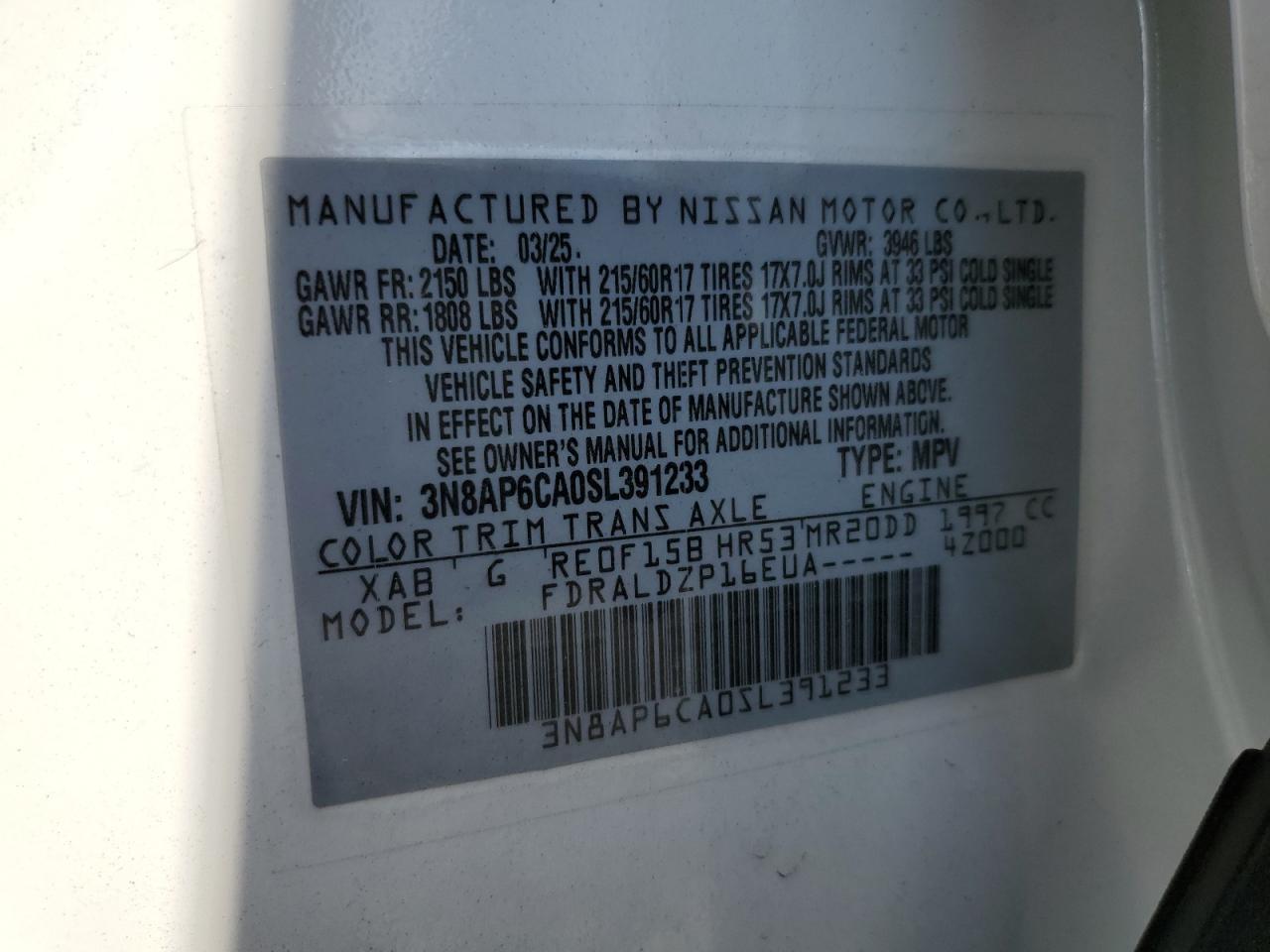 2025 Nissan Kicks Sv VIN: 3N8AP6CA0SL391233 Lot: 81342645