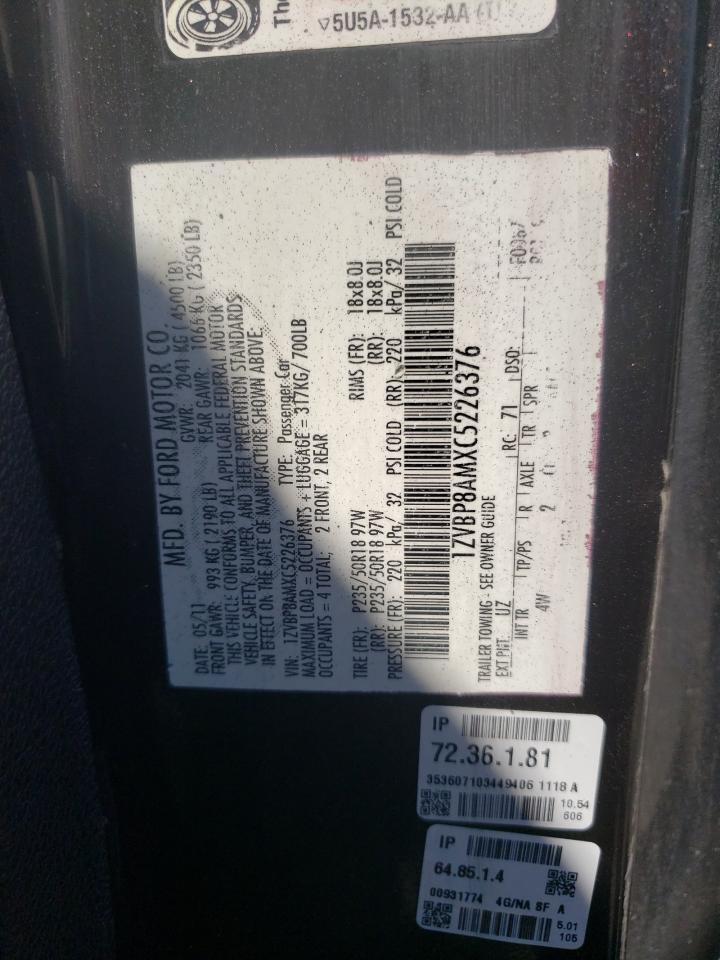 2012 Ford Mustang VIN: 1ZVBP8AMXC5226376 Lot: 71772745