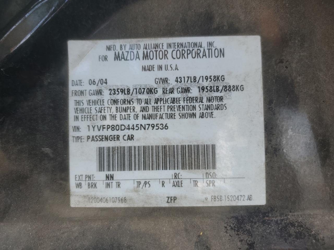 2004 Mazda 6 S VIN: 1YVFP80D445N79536 Lot: 71004685